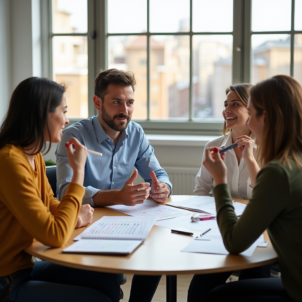 Small group of freelancers reviewing printed weekly calendars together at a table in a modern Bucharest workspace