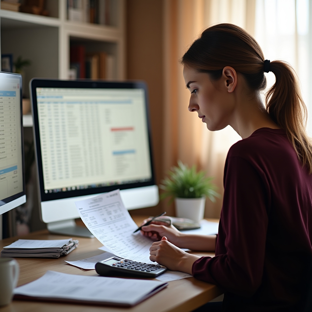 Freelancer reviewing income spreadsheet and calendar side by side on a laptop in a home office with warm afternoon light
