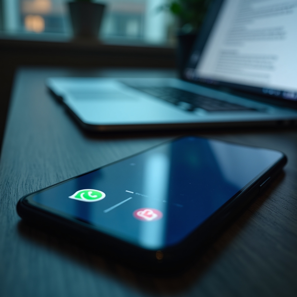 Close-up of a phone screen showing WhatsApp notifications next to a blurred laptop screen during work